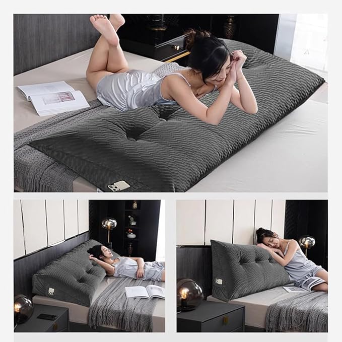 Gradient Velvet Triangular Wedge Pillow, Removable Cover Headboard Pillow for Daybed, Backrest Positioning Support Pillow Cushion Resting Reading Relaxing (Beige, Queen(59 * 20 * 8in))