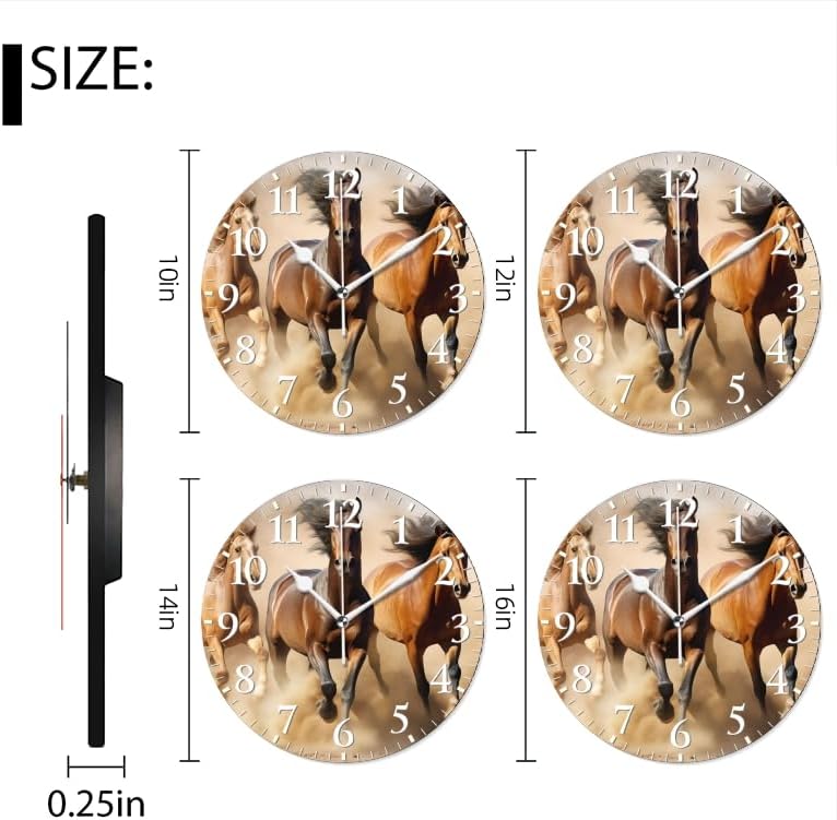 Horses Wall Clock Non-Ticking Silent Clocks Battery Operated Analog Decor Clock for Home-Horses Running Through The Desert Dust Flying(14inch)