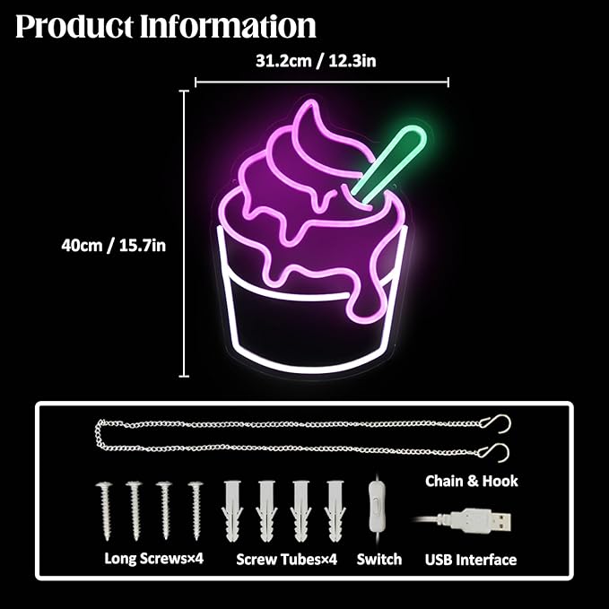 Ice Cream Neon Sign Pink White Sundae LED Neon Lights Signs Cupcake Neon Signs for Business Wall Decor Melting Ice Cream LED Signs for Bedroom Dessert Shop Restaurant Store Bar Decoration