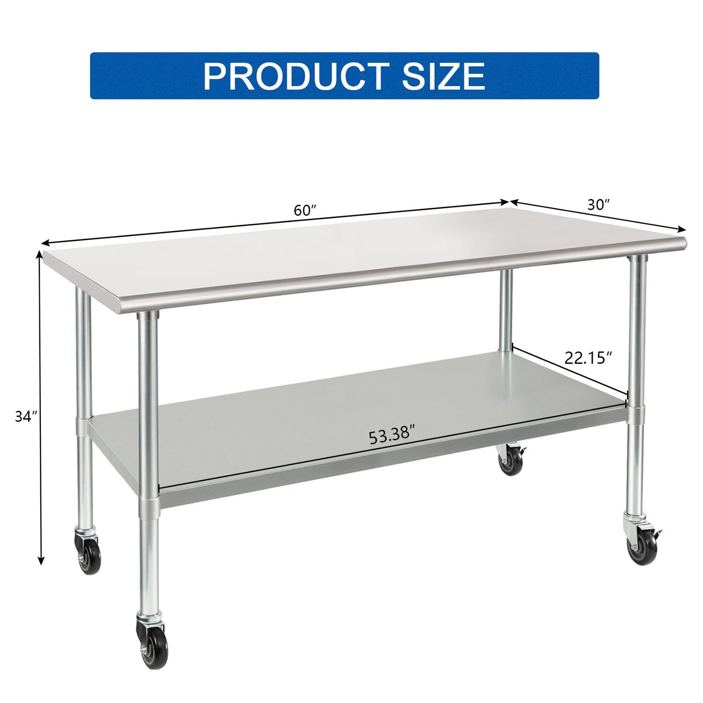HARDURA Stainless Steel Table with Wheels 30 x 60 Inches Casters NSF Heavy Duty Commercial Work & Prep Table with Undershelf and Galvanized Legs for Restaurant Kitchen Bar and Hotel Garage