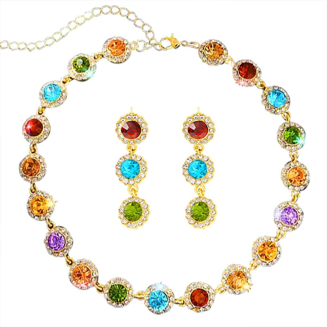 ACEDRE Colorful Crystal Jewelry Sets Gold Sparkly Rhinestone Necklace and Earrings Set Prom Costume Accessory for Women(2PCS)