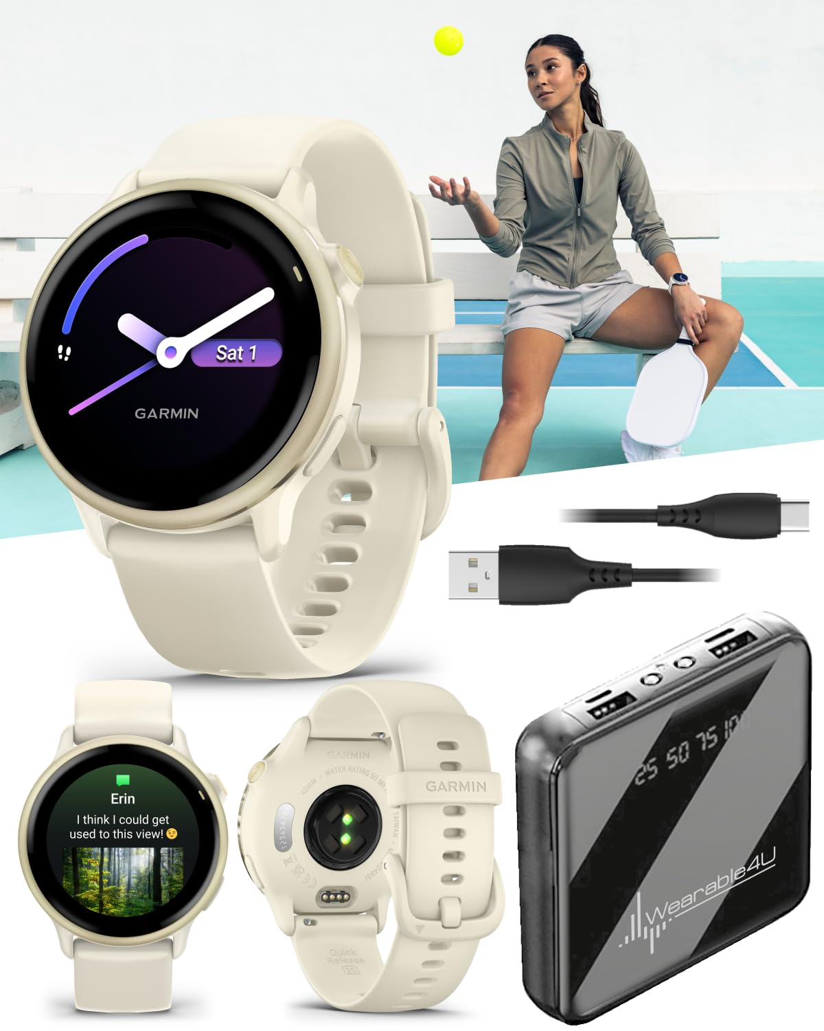 Wearable4U Garmin Vivoactive 6 - Health & Fitness Smartwatch, 1.2 in Bright AMOLED Display, GPS Sports Tracking, Up to 11 Days of Battery, Lunar Gold with Bone Band w PowerBank Bundle