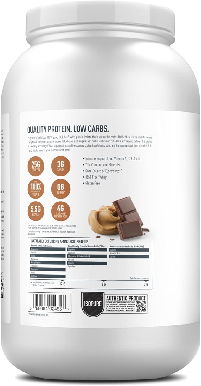 Isopure Low Carb 100% Pure Whey Isolate Protein Powder, Lactose Free, Gluten Free, With Vitamins, Chocolate Peanut Butter, 25g Protein Per Serving, 3 Lbs, 40 Servings