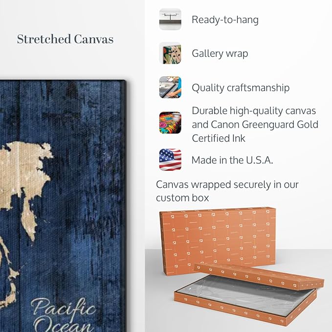 ElephantStock Aged Blue World Map II Canvas - 3 Panel Wall Decor - World Map Digital Art - Blue Wall Art - 57" X 36"