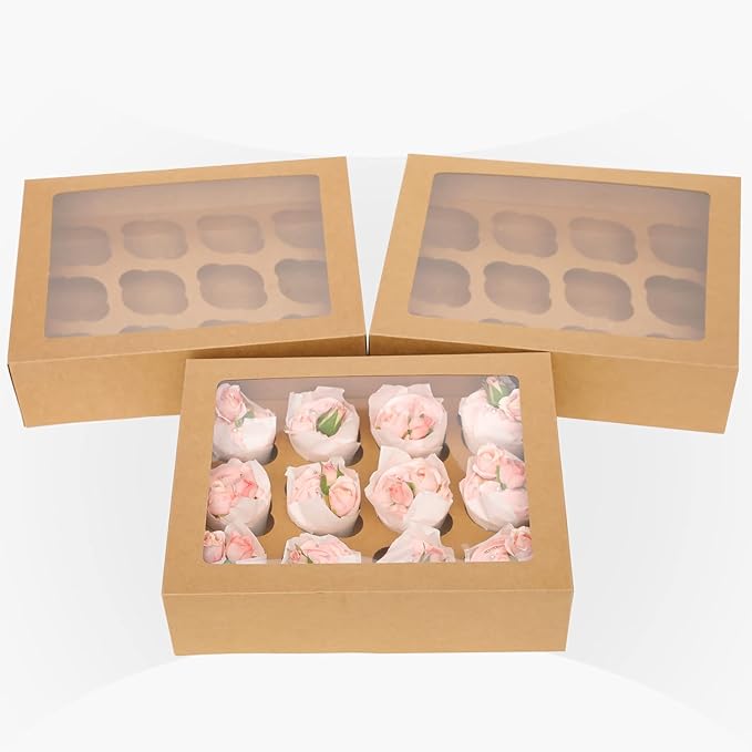 Bakepacker 12 Cupcake Containers 12-Packs Brown Cupcake Box Cupcakes Carrier, 12 Cupcake Boxes with Window 13"x10"x3.5"（Auto-pop up）