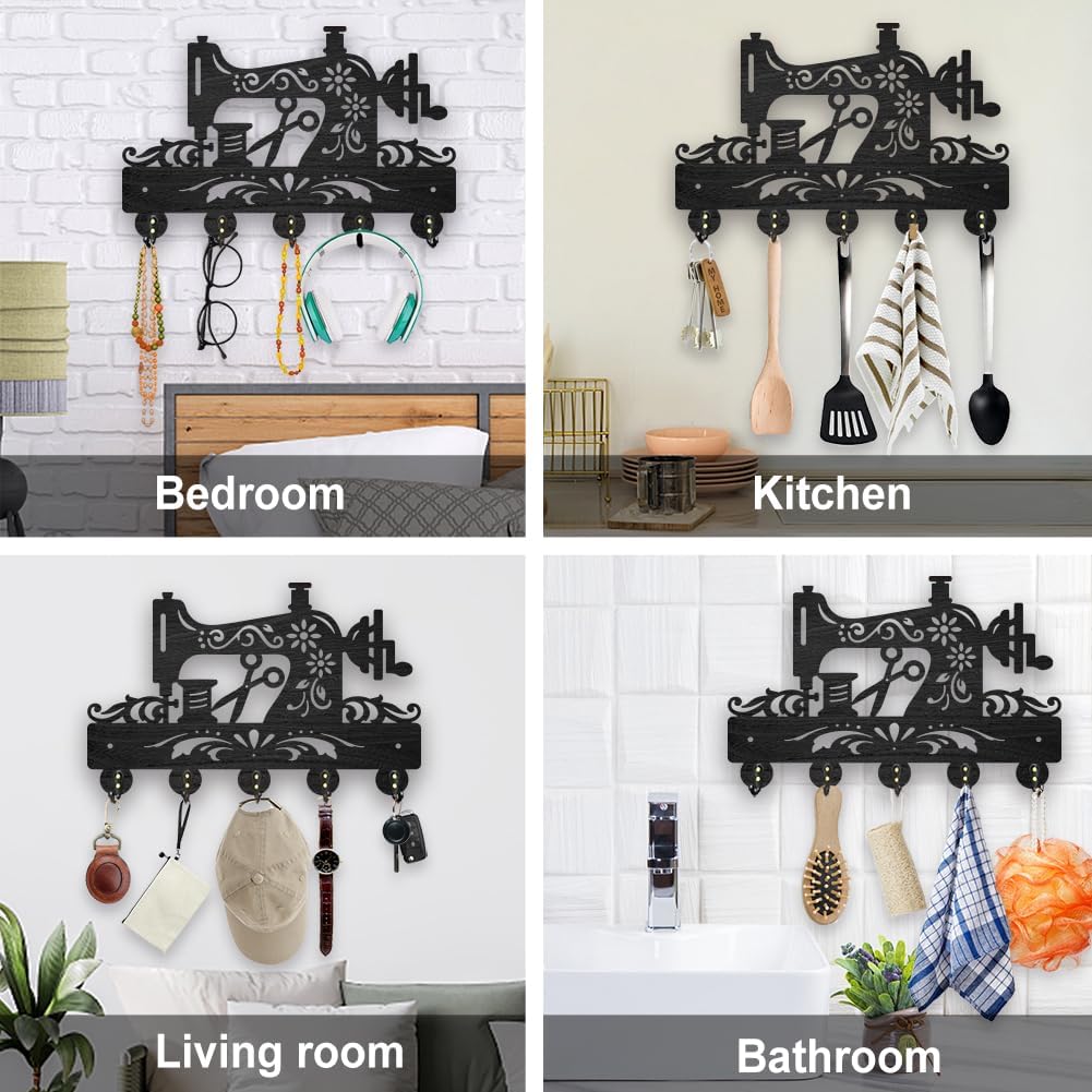 MAYJOYDIY Wooden Sewing Machine Key Hook 11.8 x 7.8 inch Flower Sew Coat Hooks Wall Mounted Storage Hooks Floral Art Hat Racks with 5 Alloy Hooks for Entryway Bedroom Living Room