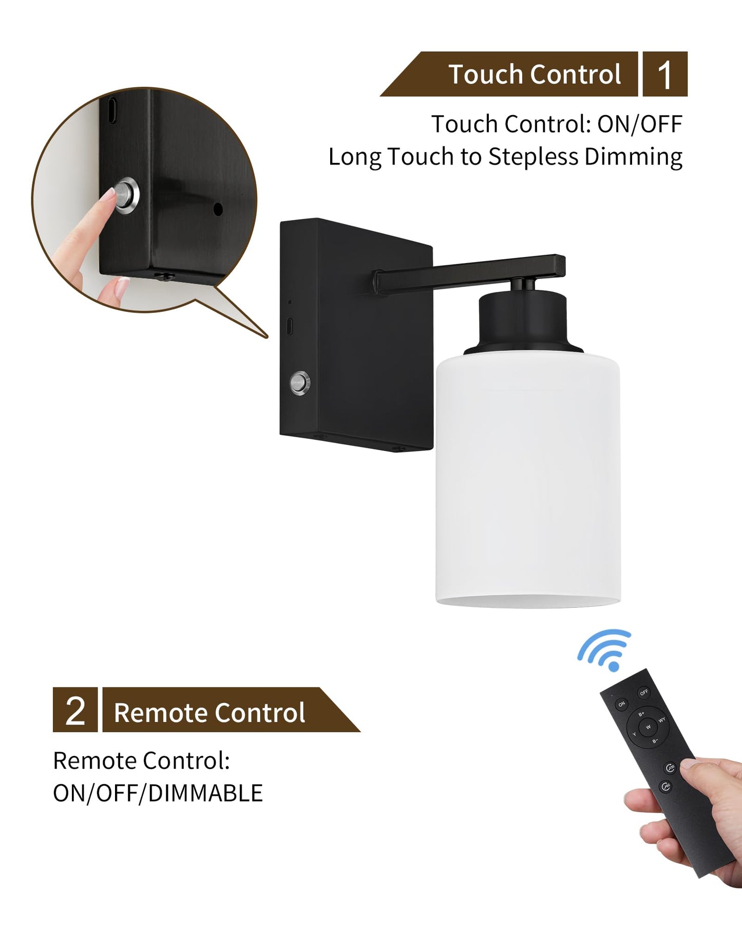 Rayogale Wireless Rechargeable Battery Wall Sconce Set of Two, Dimmable, Touch Control, USB-C Charging, Black with White Lampshade, Model WL-7112