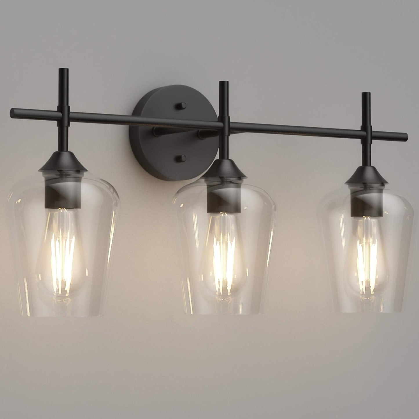 Ralbay Bathroom Vanity Light Fixture, 3-Light, Matte Black, Clear Glass, Vintage Edison Style, Model 2031