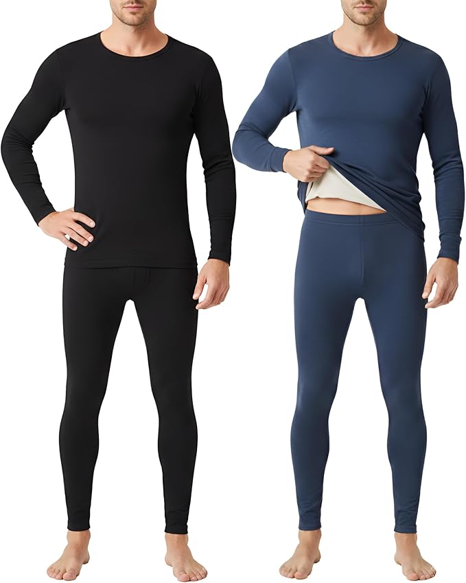 Patelai 2 Pack Thermal Underwear for Men Fleece Lined Winter Base Layer Set Long Sleeve Crew Neck Top and Bottom