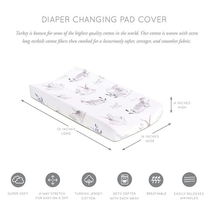 Oilo Changing Pad Cover, Breathable 100% Turkish Cotton Fitted Jersey, 300 Thread Count, Machine Washable, Fits Standard Changing Pads (32" x 16"), Girl, Boy, & Neutral Nursery Design, Cottontail