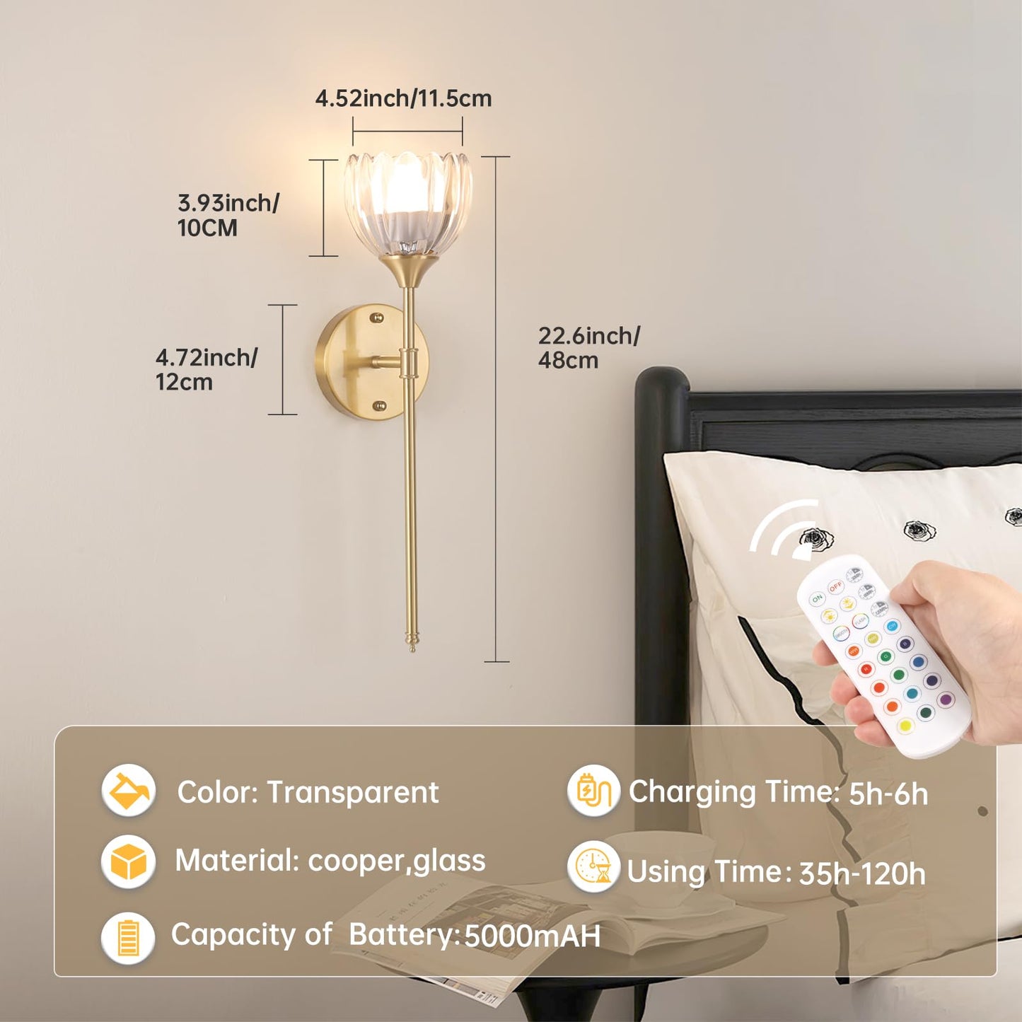 Shenmoyl Battery Operated Wall Sconce Set of 2, Clear Tulip Glass Light Fixture, Rechargeable 5000mAh, Remote Control, Sceptre Brass