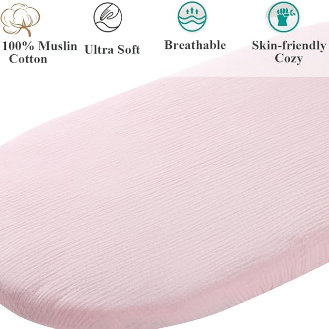 Muslin Bassinet Sheet Compatible with Baby Delight Beside Me Dreamer Bassinet, 2 Pack Cotton Stylish Boho Fitted Bassinet Sheets Super Soft for Baby Grey & Pink