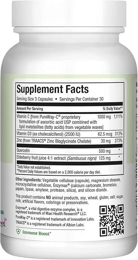 Maxi Health Quercetin 500mg with Zinc 30mg, Vitamin C 1000mg, Vitamin D 2500 IU, Elderberry 125mg - Vegetarian Health Supplement for Adults Kosher Certified - 90 Veggie Capsules (Pack of 2)