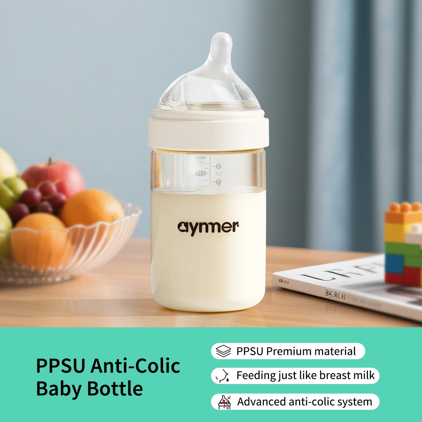 PPSU Natural Baby Bottle with Medium Flow Nipple, Anti-Colic, Wide Neck, Easy to Clean, 3 Months +, 8 oz, 2 Pack