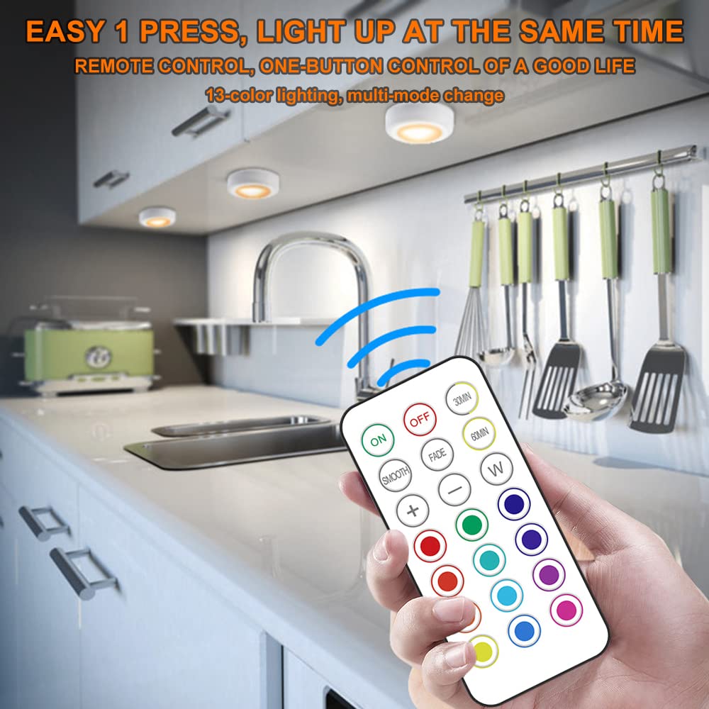 Deitybless 13-Color LED Puck Lights with Remote Control, Wireless Battery-Powered, Dimmable, 6 Pack, White, Model 13RGB-SMALL