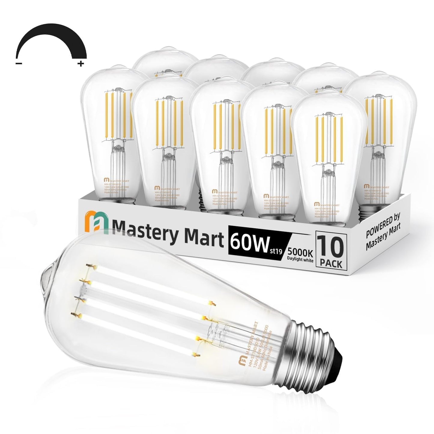 MASTERY MART Dimmable Vintage E26 LED Light Bulb 5000K Daylight White Glass ST21 Antique Edison Style 10 Pack
