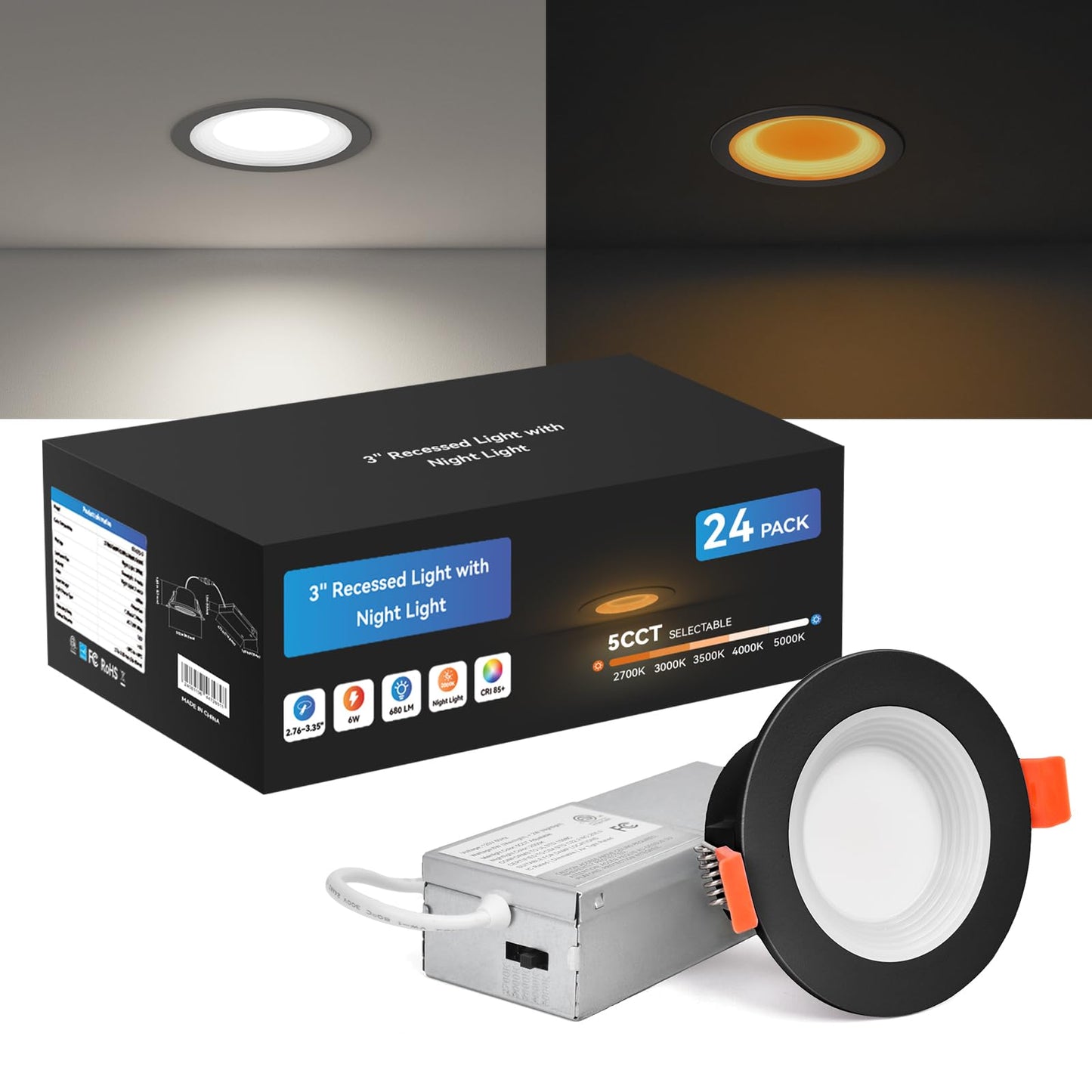 Cycevsun Black 3 Inch Led Recessed Lights Switchable Night Light & Main Light  5 Color Temperatures 2700K-5000K  Dimmable Canless Wafer Light Downlight For Cozy Home Lighting  6W/2W  Etl  24 Pack