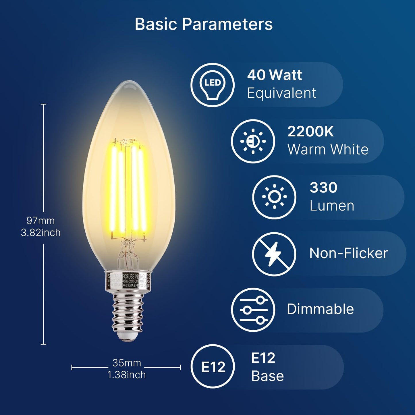 FLSNT Amber LED Candelabra Light Bulbs, 40W Equivalent, Dimmable, 330LM, 24 Pack, 2200K Warm White, Glass