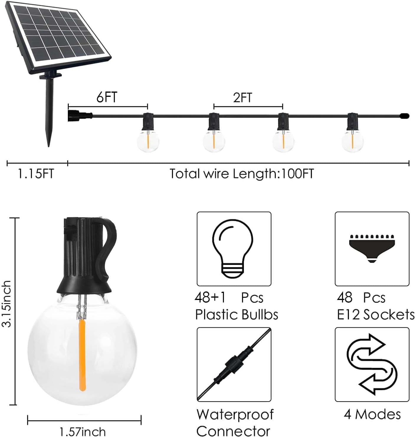 Sunthin Solar String Lights - 100Ft, 48 Shatterproof G40 Led Bulbs, Waterproof, Black, Model St257 For Outdoor Patio, Garden, Camping, Party