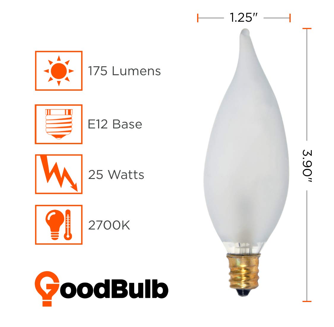 GoodBulb 25W Flame Tip Candelabra Bulbs | Dimmable | 2700K Soft White | 12 Count | Frosted Finish
