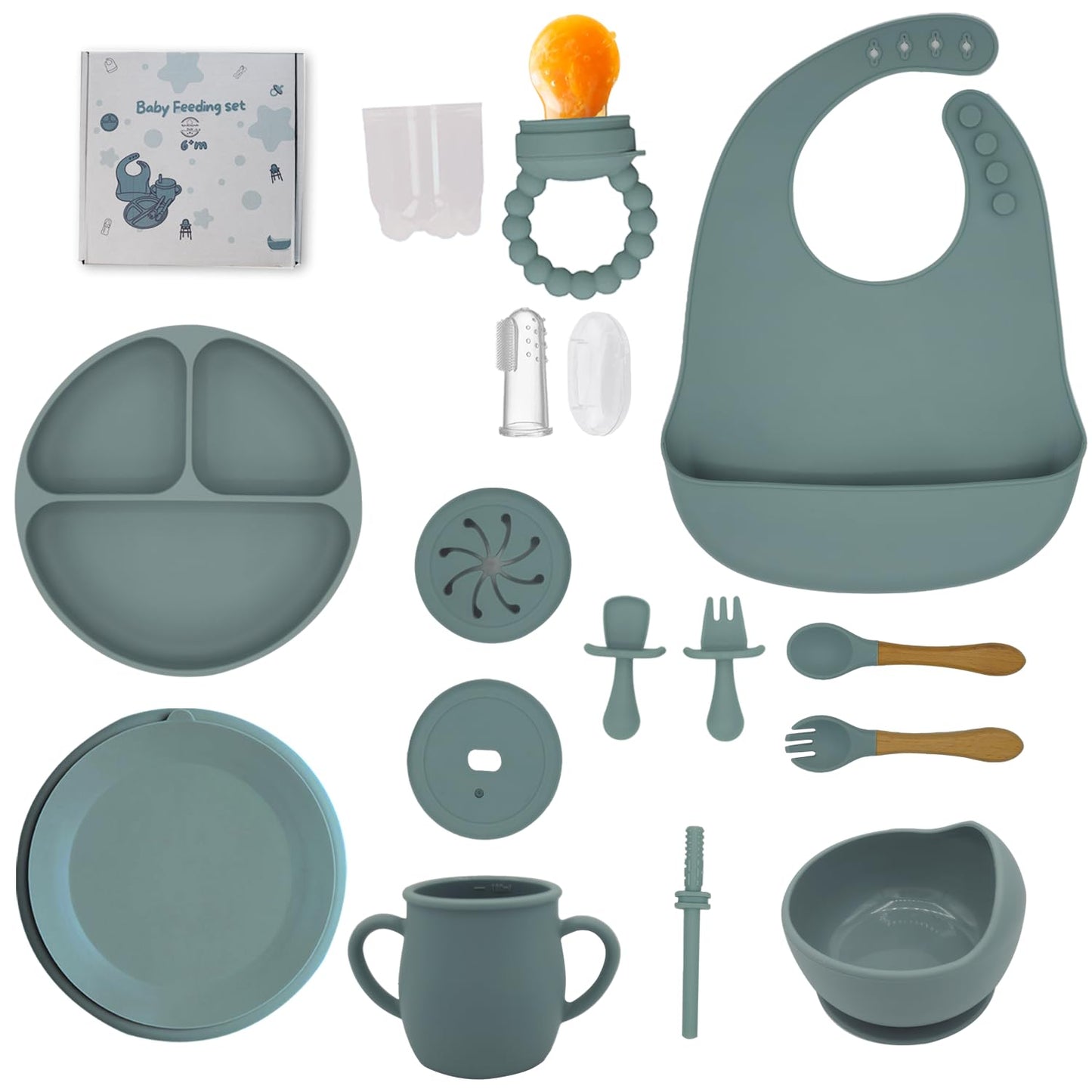 kitchengoodsdude Baby Silicone Feeding Set, 16 PCS, Toddler Led Weaning Utensils Sets with Suction Bowl and Plate, Set of Baby Spoons and Forks, Adjustable Bid, Sippy Cup with Straw and Lids Seal Gray