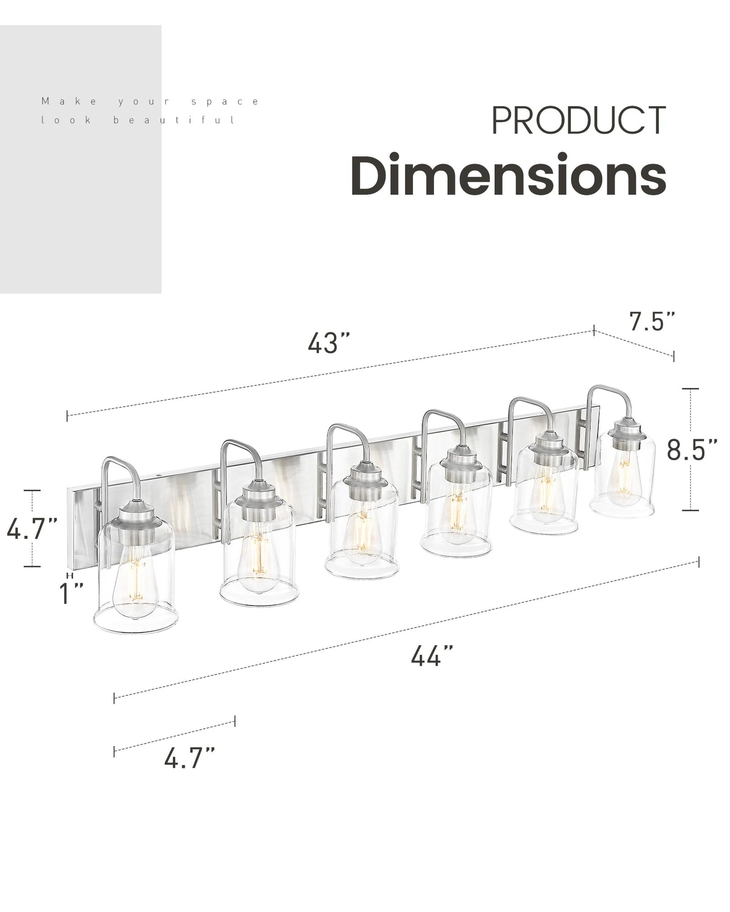 Zeyu 6-Light Bathroom Wall Light Fixture  44 Inch Modern Nickel Vanity Lighting Fixtures For Bedroom  Brushed Nickel Finish With Clear Glass Shade  Zsl72B-6W Bn