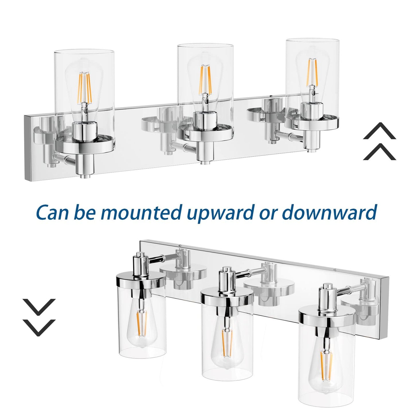 Aipsun Chrome 3-Light Vanity Light Fixture For Bathroom, Farmhouse Style With Clear Glass Shade, Model 1136