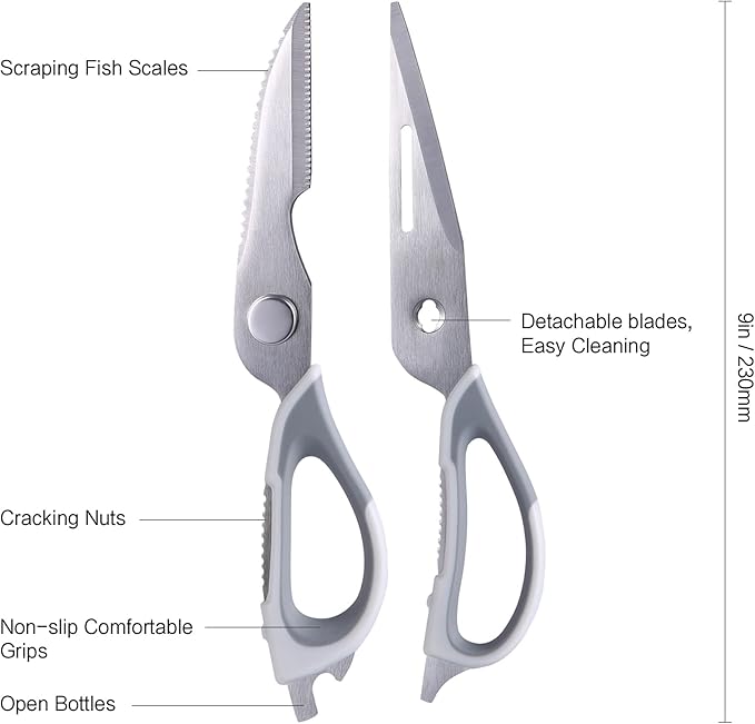 Kitchen Scissors for Food Heavy Duty, All Purpose Kitchen Shears that Come Apart Dishwasher Safe, Sharp Stainless Steel Cooking Scissors for Meat, Poultry, Fish (Grey)