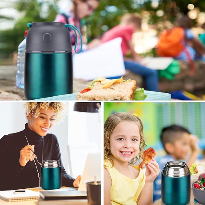 Itslife Insulated Thermo Food Jar for Hot & Cold Food for Kids Adult, 17 oz Soup Thermal Hot Food Containers for Lunch, Triple Layer Insulation Stainless Steel Food Jar with Spoon (Green)