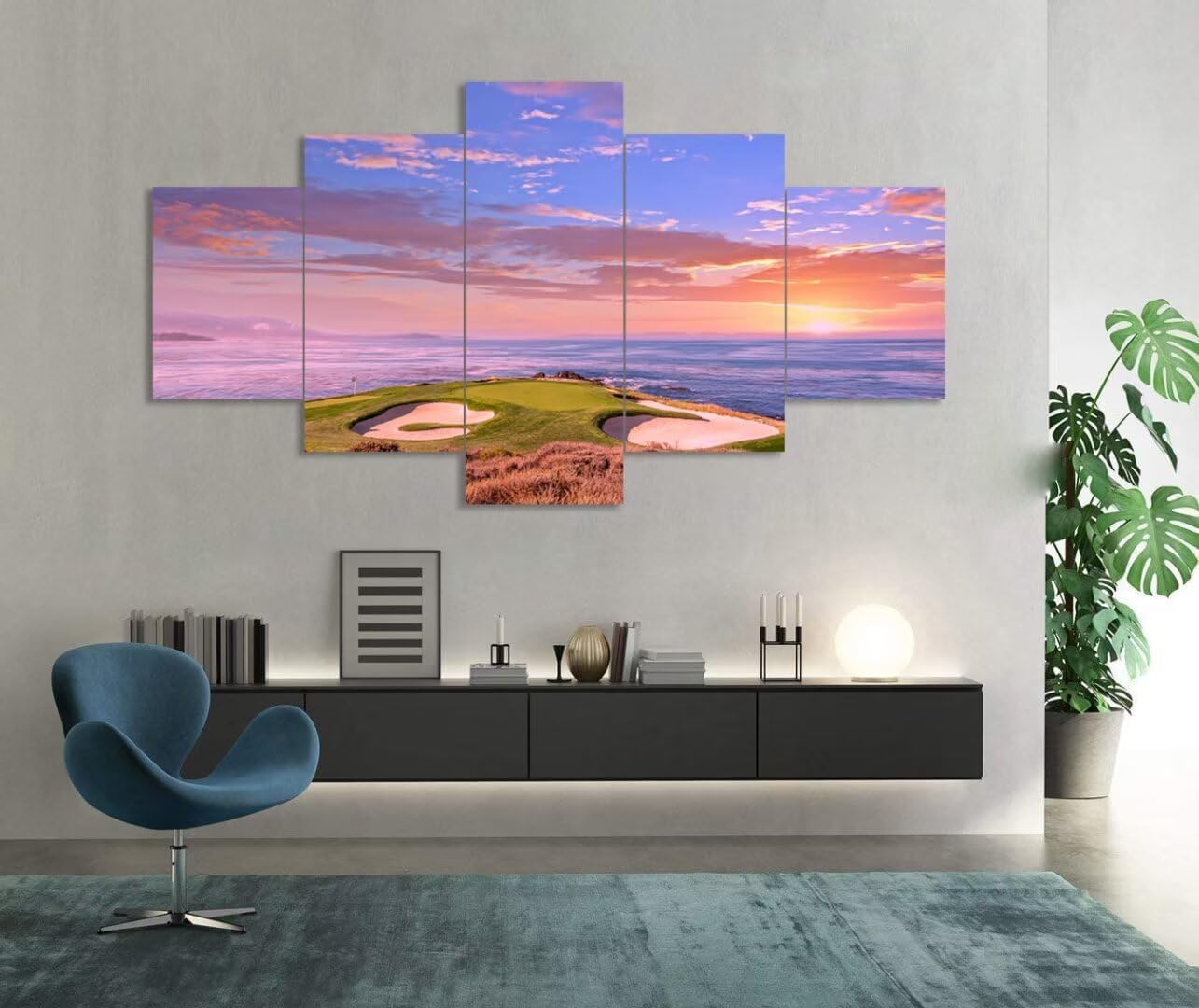 chenchenArt Pebble Beach Golf Course Hole 7 Wall Art for Living Room Bedroom Bathroom Home Decorations Monterey California USA Golf Course Pictures Canvas Prints Framed Ready to Hang(50''W x 24''H)