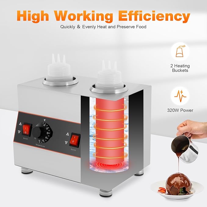 Electric Chocolate Sauce Warmer, 320W 110V Adjustable Temperature Toppings Bottle Hot Fudge Warmer with 2 Squeeze Bottle, 0.14Gal Single Bottle Hot Cheese Sauce Dispenser Jam Heat Preservation Machine