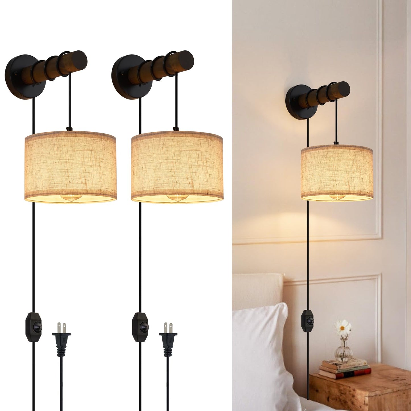 Xsdetu Plug In Wall Sconces Set Of 2  Farmhouse Wall Lamp With 5.9Ft Plug In Cord  Dimmable Hanging Wall Lighting With Fabric Shade  Adjustable Wall Mount Lights For Bedroom Living Room  Wooden Arm
