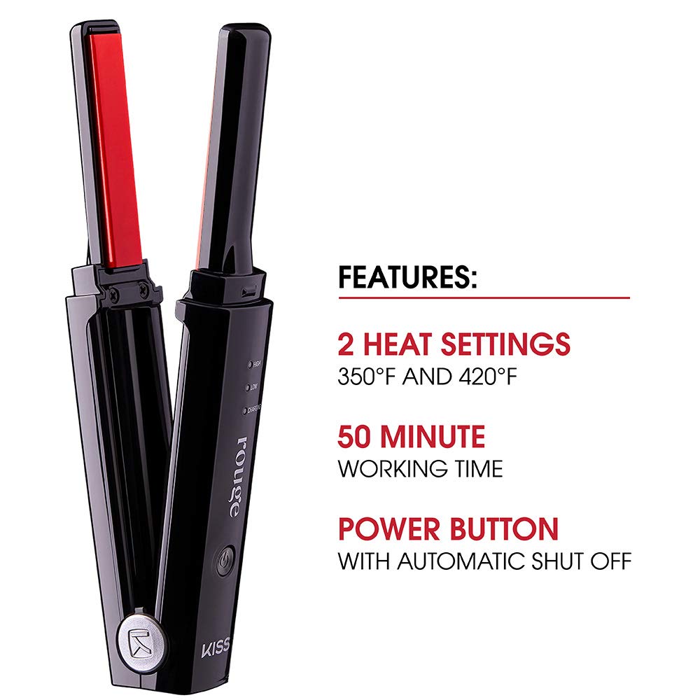 KISS Cordless Flat Iron Rouge Portable Hair Straightener,  Tourmaline Ceramic Plates, 350F - 420F, 50-Minute USB Rechargeable Li