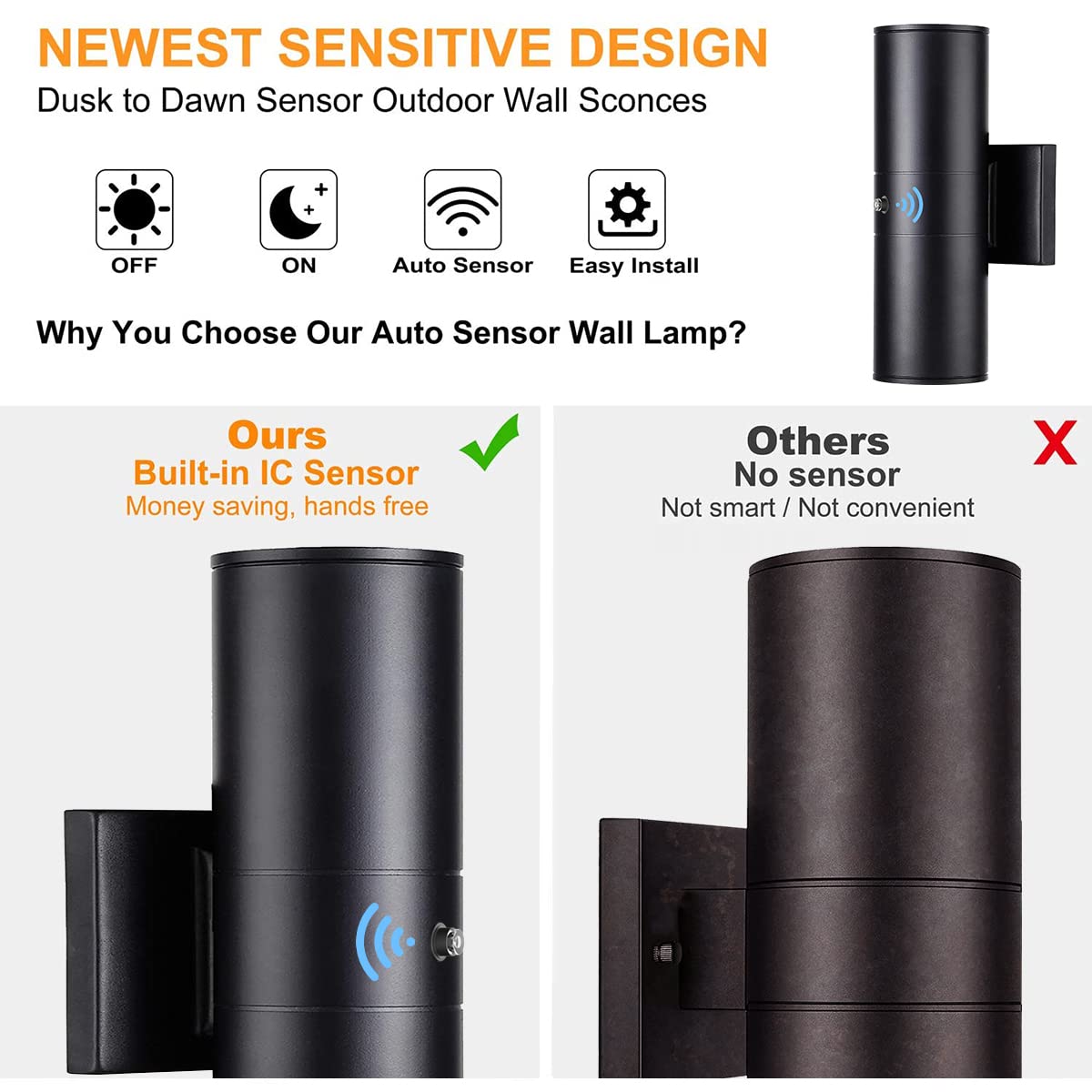 Tipace Modern Outdoor Porch Lights - Matte Black Cylinder Wall Fixtures, Dusk To Dawn Sensor, Aluminum, 2 Pack