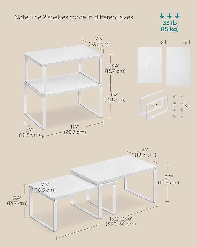 SONGMICS Cabinet Organizer Shelf, Set of 2 Kitchen Counter Shelves, Kitchen Storage, Spice Rack, Stackable, Expandable, Metal and Engineered Wood, Cloud White and Snow White UKCS02W01
