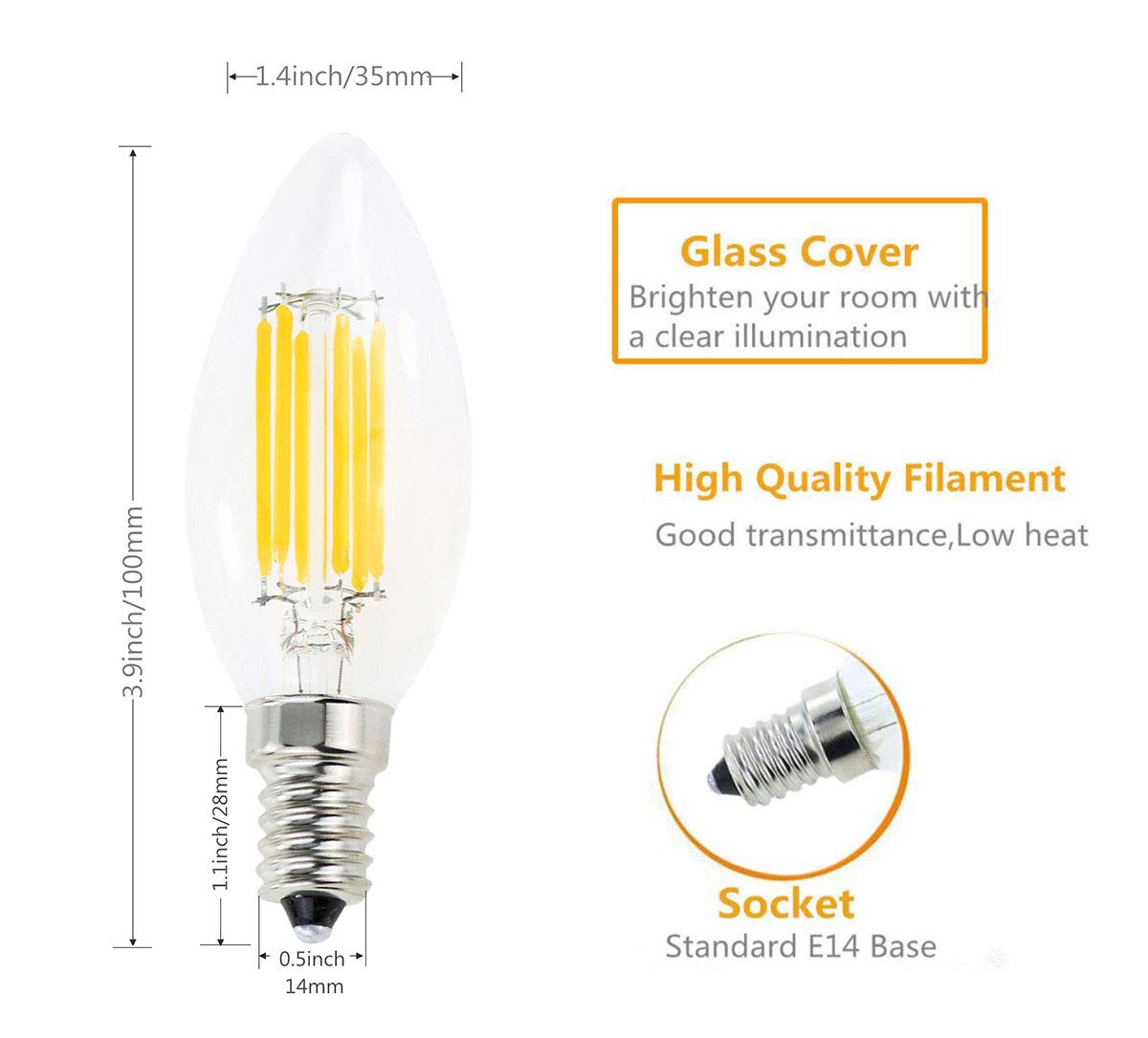 Lamsky E14 LED Filament Candle Bulb, Warm White 2700K, 60W Equivalent, Clear Glass, 2 Count