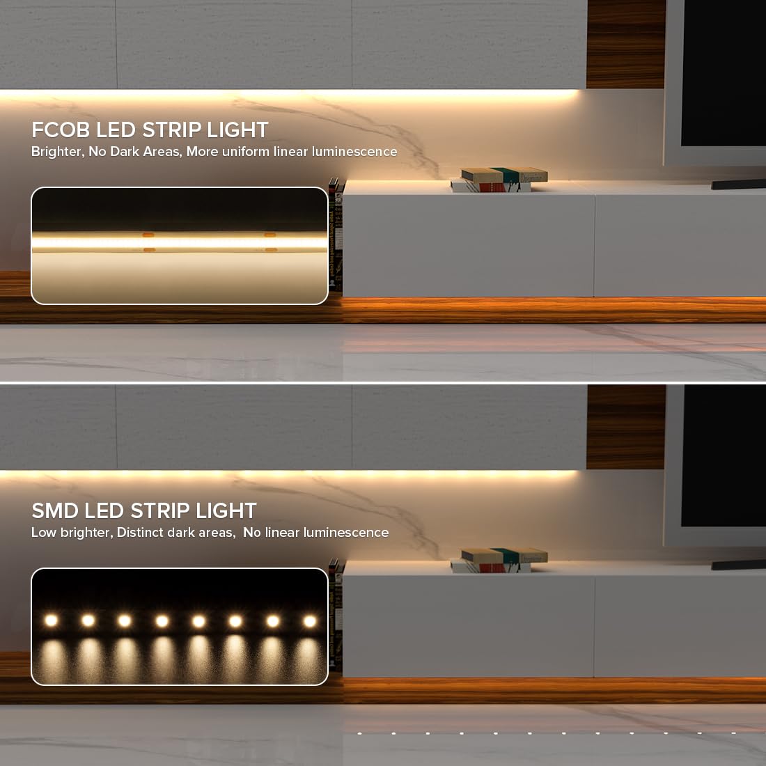 FCOB DC24V COB LED Strip 6000K, 480 LEDs/m, Dimmable, Flexible, High Density, Cool White, Ideal for Kitchen and Home Decor