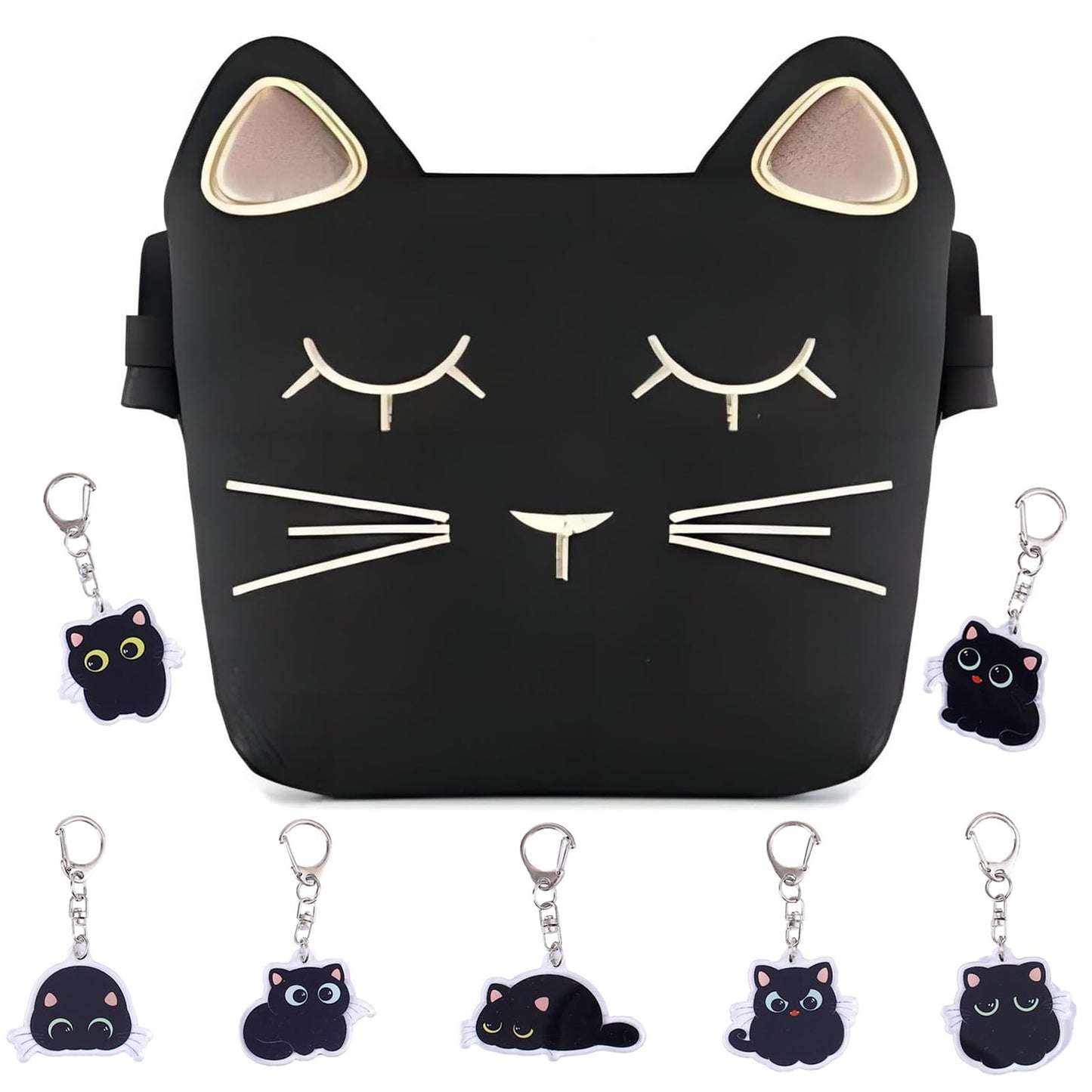 Black Cute Girls' Crossbody Bag, Cat-shaped Shoulder Bag Lightweight and Practical Children's Messenger Bag With a Random Black Keychain