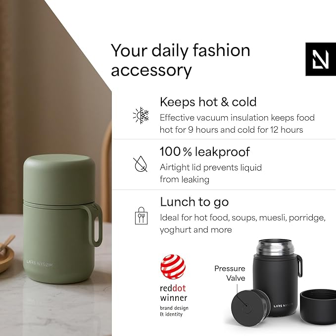 LARS NYSØM Stainless Steel Vacuum Insulated Food Jar - Leakproof Lunch Pot & Lunch Jar for Hot and Cold Food, Wide Mouth, Portable Soup Container for Work & Travel (Carbon Black, 24oz)