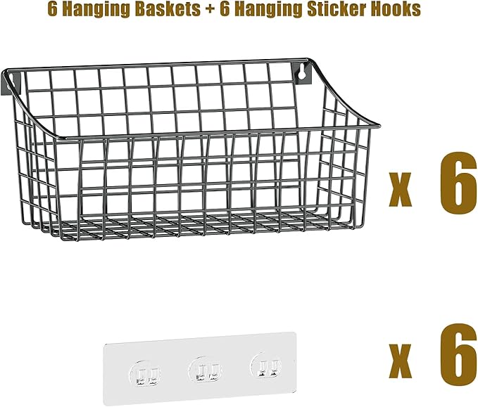 Sonyabecca 6 Pack Hanging Wall Basket for Organizing, EXTRA Large Wire Basket for Pantry with 5 S Hook+6 Adhesive Hook, Wall Mounted Shelf for Kitchen,Bedroom, Bathroom RV,Garage Organization& Storage
