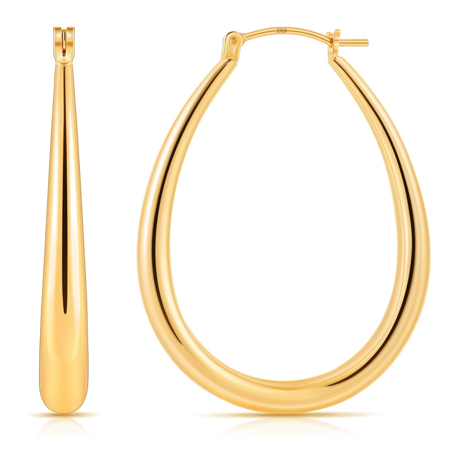 Gacimy Gold Chunky Hoop Earrings for Women, 14K Gold Plated Oval Hoop Medium Earrings with 925 Sterling Silver Post, 40mm Yellow