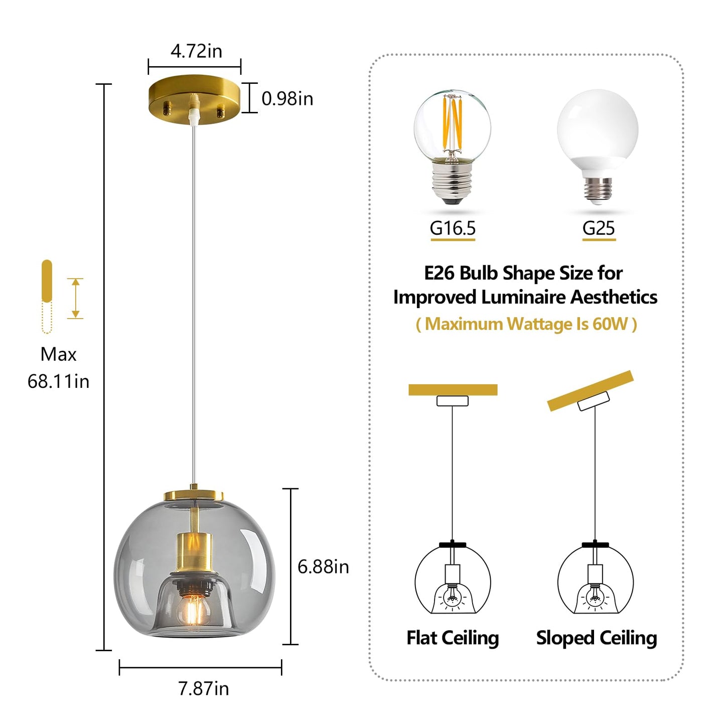 Lbsqj Light Grey Glass Pendant Lights Kitchen Island Gold Hanging Light Fixture Glass Globe Pendant Light Modern Pendant Lighting For Kitchen Island Bedroom Dining Room (7.87  1 Pack)