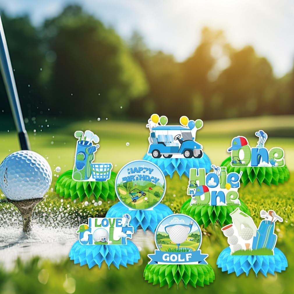 8Pcs Golf Birthday Decorations Green Golf Theme Honeycomb Centerpiece Supplies for Baby Shower Birthday Decor Golf Party Decorations