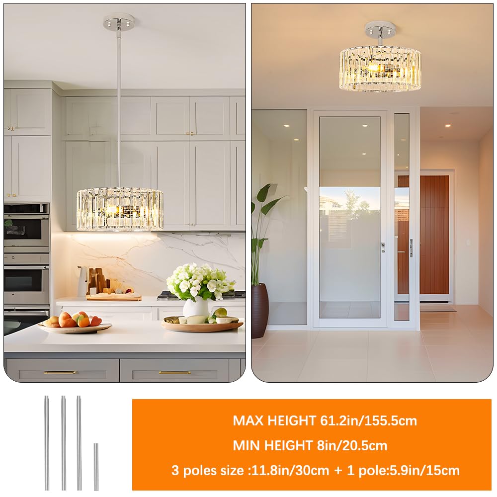 Modern Crystal Chandelier For Dining Room  Chrome Semi Flush Mount Ceiling Light Fixtures  Round Kitchen Hanging Drum Pendant Lights Ceiling  12?Crystal Pendant Lighting For Foyer Bedroom Living Room