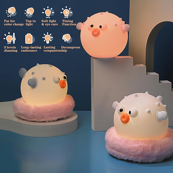 Cute Anemonefish Night Light, LED Squishy Night Lamp, Dimmable Timer Nursery Nightlight for Kids, Rechargeable Touch Lamp, Dorm Decor, Kids Funny Gifts (White Fish)