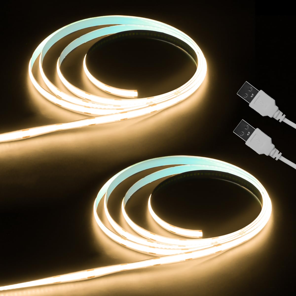 Aclorol Cob Led Strip Light 5V Usb 1M/3.28Ft Warm White 3000K Flexible Led Tv Backlight With Self-Adhesive 8Mm Width For Bedroom Bedframe Kitchen Sideboard Lighting Project Cri90+ 320Leds/M (2 Pack)
