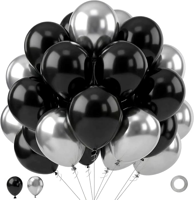 Black and Silver Balloons,65PCS 12 Inch Metallic Chrome Silver and Black Latex Balloons for Birthday Graduation Anniversar...