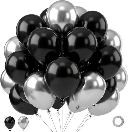 Black and Silver Balloons,65PCS 12 Inch Metallic Chrome Silver and Black Latex Balloons for Birthday Graduation Anniversar...