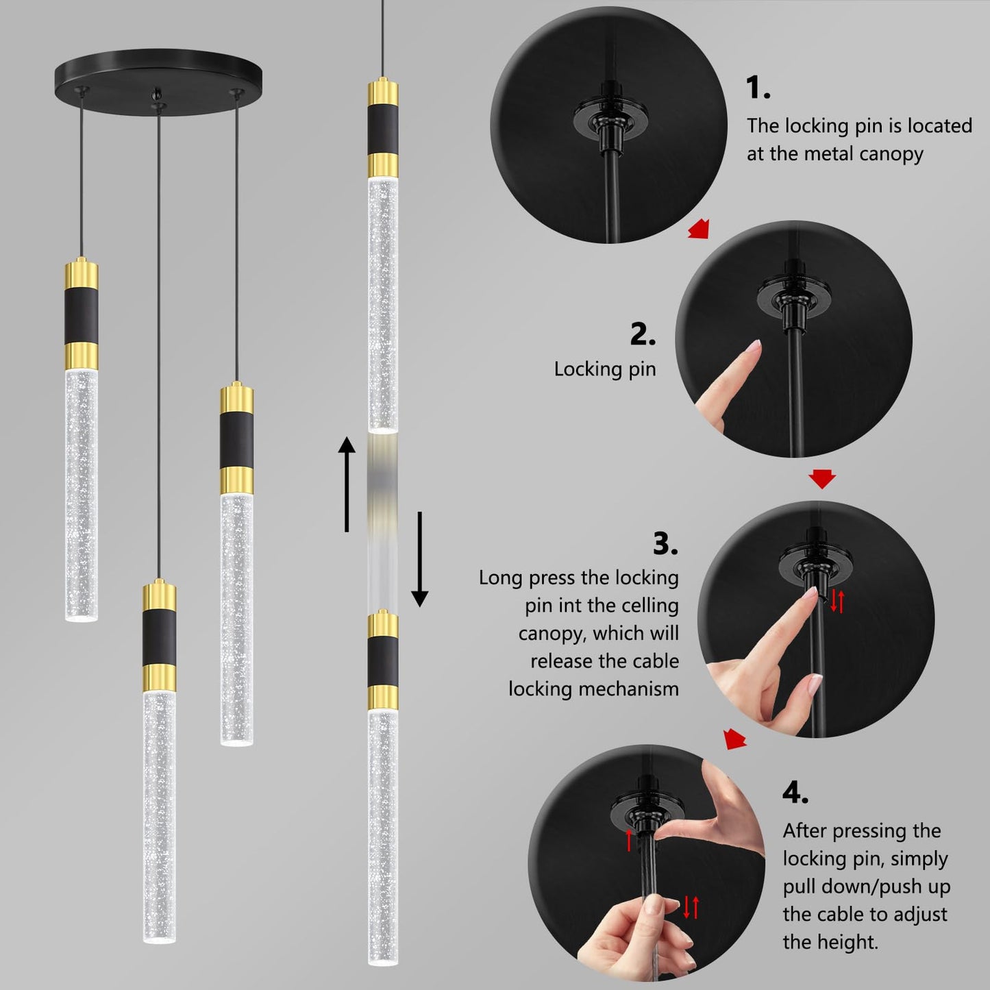 Cenozo Modern Pendant Light - 3-Lights LED Dimmable, Remote Control, 3000K-6000K, Black - Model RS8002-3tou-yuanpan-R