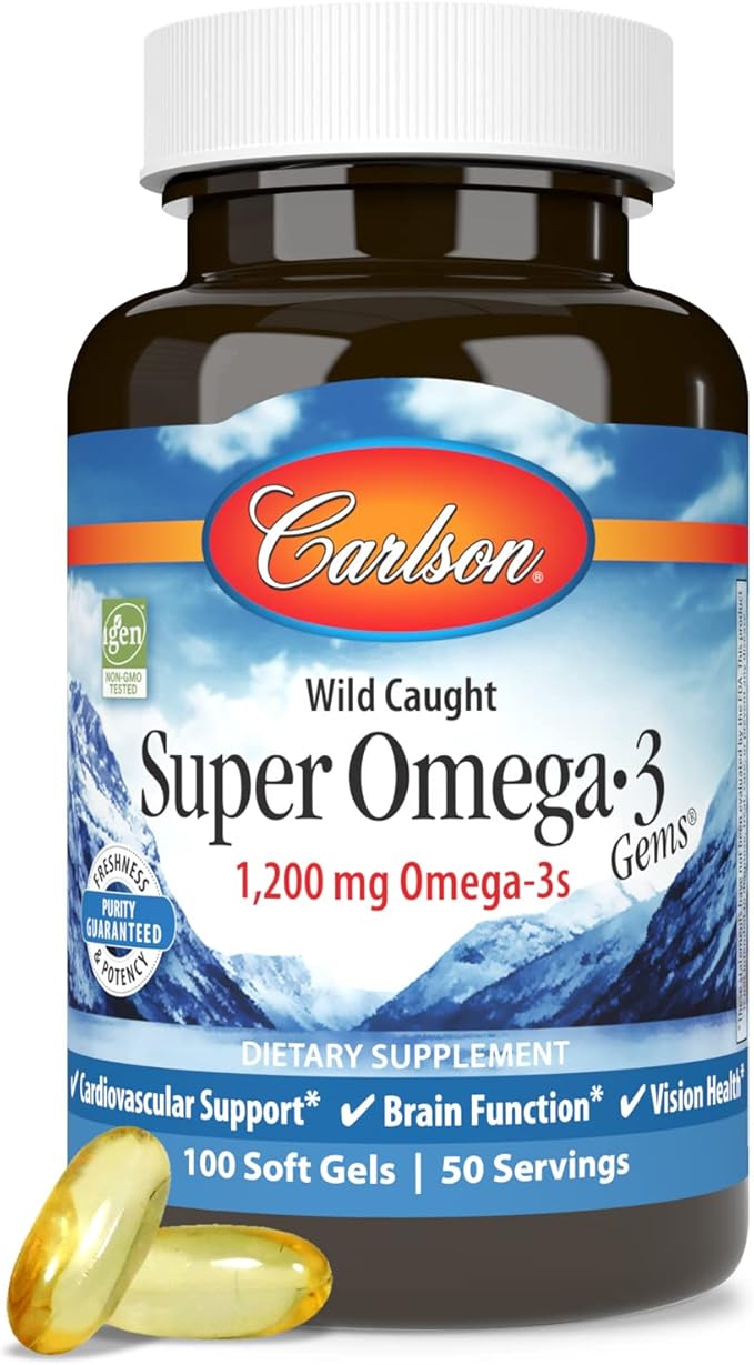 Carlson - Super Omega-3 Gems, 1200 mg Omega-3s, with EPA and DHA, Wild Caught Norwegian Fish Oil Supplement, Sustainably Sourced Fish Oil Capsules, Omega 3 Supplements, 100 Softgels